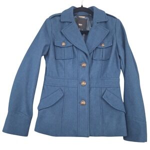 Mossimo Blue Military Style Jacket Button Front Gold Buttons Belted Size Small